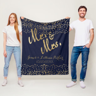 Gold Navy Blue Mr. and Mrs. Monogram Wedding Fleece Blanket