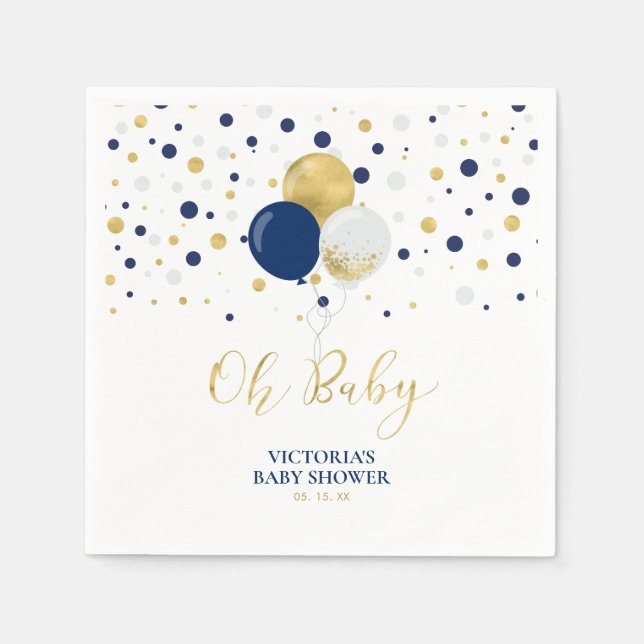 Gold & Navy Blue Oh Baby Baby Shower Napkins (Front)
