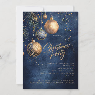 Gold Navy Blue Ornaments Baubles Holiday Christmas Invitation