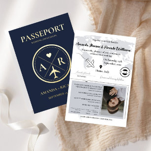 Gold & Navy Blue  Passport  Wedding Invitation