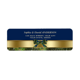 Gold Navy Blue Peacock Feathers Wedding Address Return Address Label