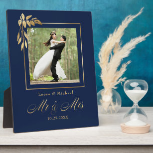 Gold Navy Blue Personalized Wedding Keepsake Photo Plaque