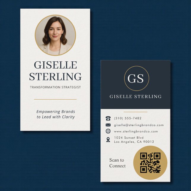 Gold & Navy Blue Photo QR Code Business Card (Creator Uploaded)