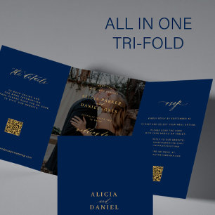 Gold navy blue photo wedding RSVP details QR code Tri-Fold Invitation