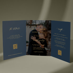 Gold navy blue photo wedding RSVP details QR code Tri-Fold Invitation