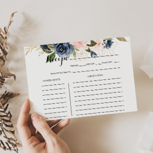 Gold Navy Blue Pink Bridal Shower Recipe Card