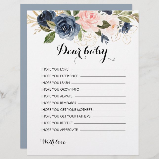 Gold Navy Blue Pink Floral Wishes for Baby (Front/Back)