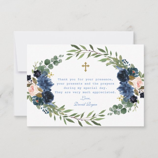 Gold Navy Blue Pink Floral Wreath Boy Dedication Thank You Card (Front)