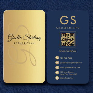 Gold Navy Blue QR Code Esthetician Monogram  Business Card