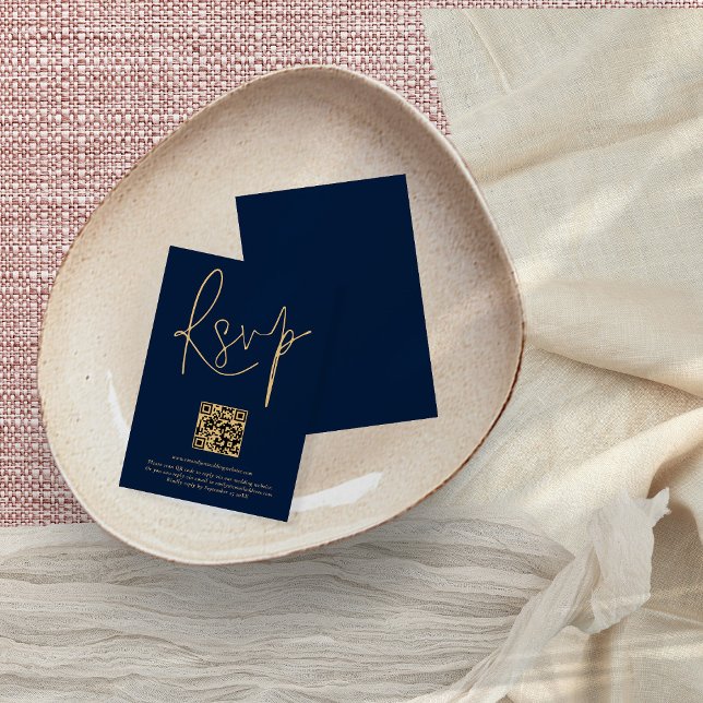 Gold Navy Blue Script Qr Code Wedding RSVP Card (Creator Uploaded)