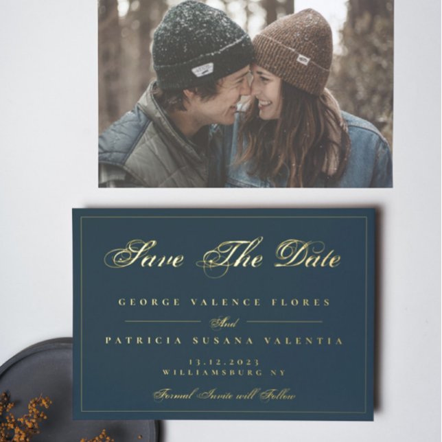 Gold Navy Blue Simple Elegant Photo Save The Date (Creator Uploaded)