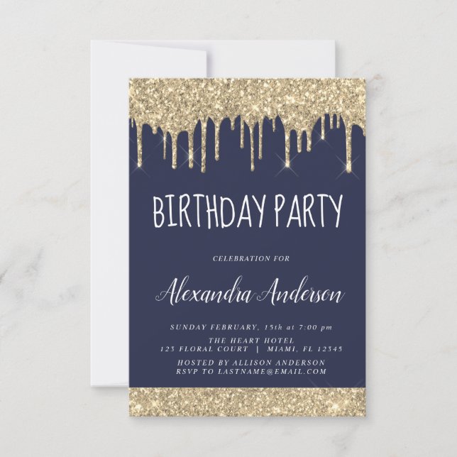 Gold Navy Blue  Sparkle Glitter Any Age Birthday Invitation (Front)