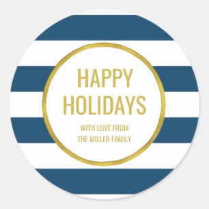 Gold Navy Blue Stripes Happy Holidays Custom Classic Round Sticker
