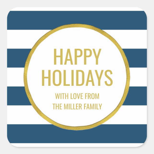 Gold Navy Blue Stripes Happy Holidays Custom Square Sticker (Front)