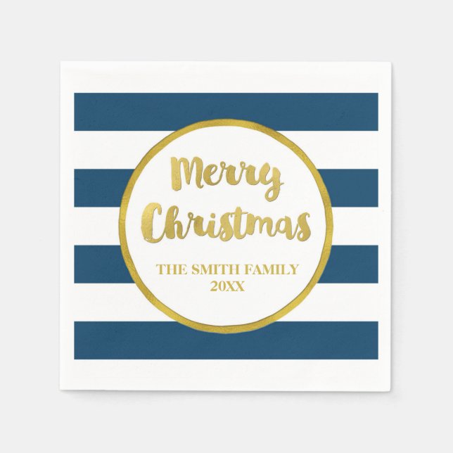 Gold Navy Blue Stripes Merry Christmas Napkin (Front)