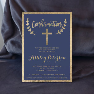 Gold navy blue typography border confirmation invitation