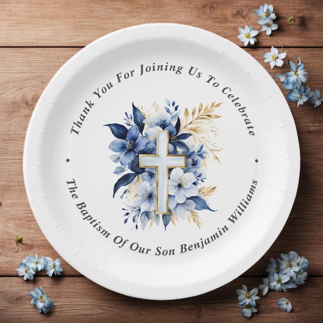 Gold & Navy Blue Watercolor Baptism Thank You Paper Plate (Creator Uploaded)