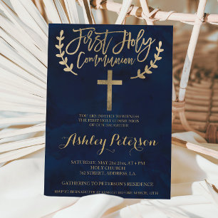 Gold navy blue watercolor First Holy Communion Invitation