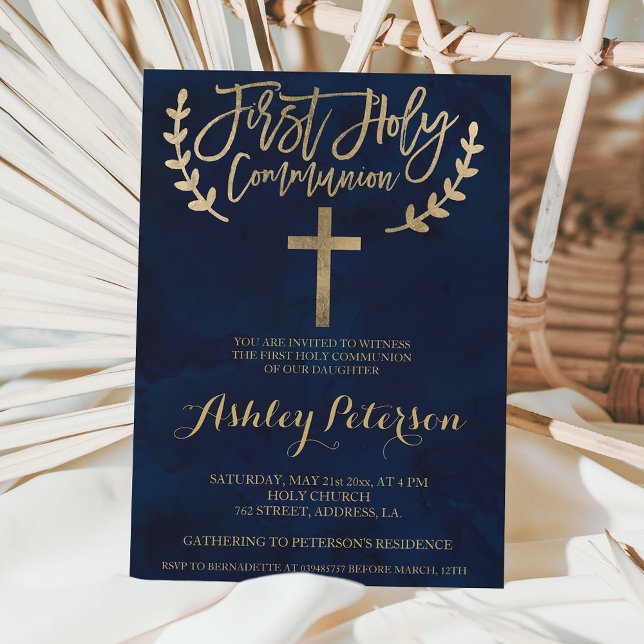 Gold navy blue watercolor  First Holy Communion Invitation (Creator Uploaded)