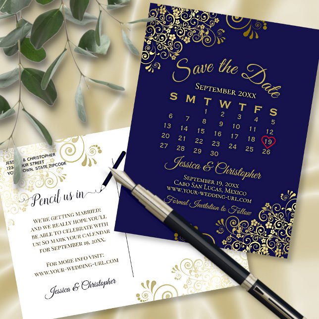 Gold & Navy Blue Wedding Save the Date Calendar Announcement Postcard (Front/Back)