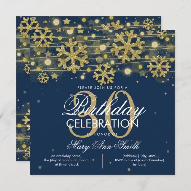 Gold Navy Blue Winter Glitter Glam 30th Birthday Invitation (Front/Back)