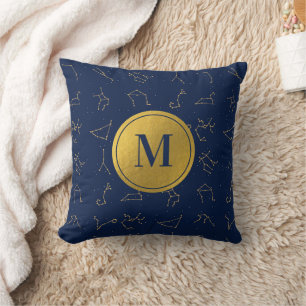 Gold & Navy Blue Zodiac Constellations Monogram Cushion