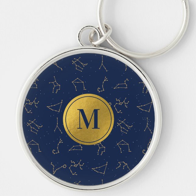 Gold & Navy Blue Zodiac Constellations Monogram Key Ring (Front)