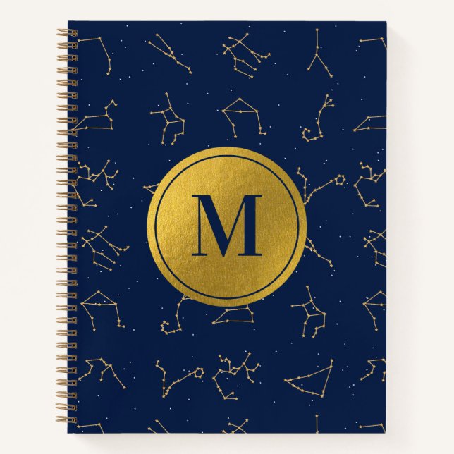 Gold & Navy Blue Zodiac Constellations Monogram Notebook (Front)