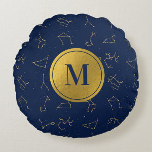 Gold & Navy Blue Zodiac Constellations Monogram Round Cushion