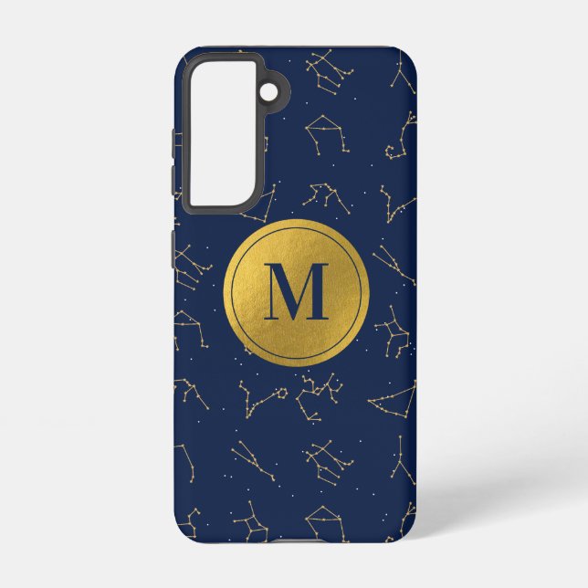 Gold & Navy Blue Zodiac Constellations Monogram Samsung Galaxy S21 Case (Back)