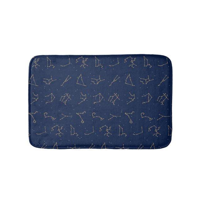 Gold & Navy Blue Zodiac Constellations Pattern Bath Mat (Front)