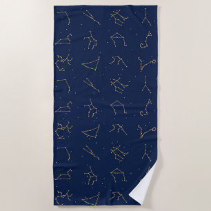 Gold & Navy Blue Zodiac Constellations Pattern Beach Towel