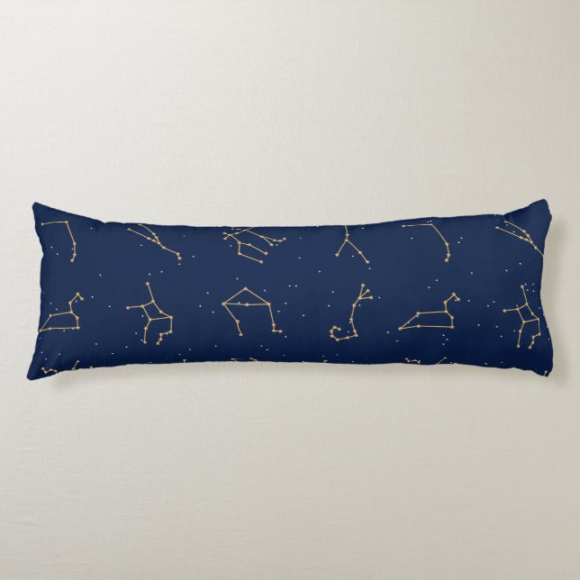 Gold & Navy Blue Zodiac Constellations Pattern Body Cushion (Front)