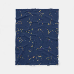 Gold & Navy Blue Zodiac Constellations Pattern Fleece Blanket