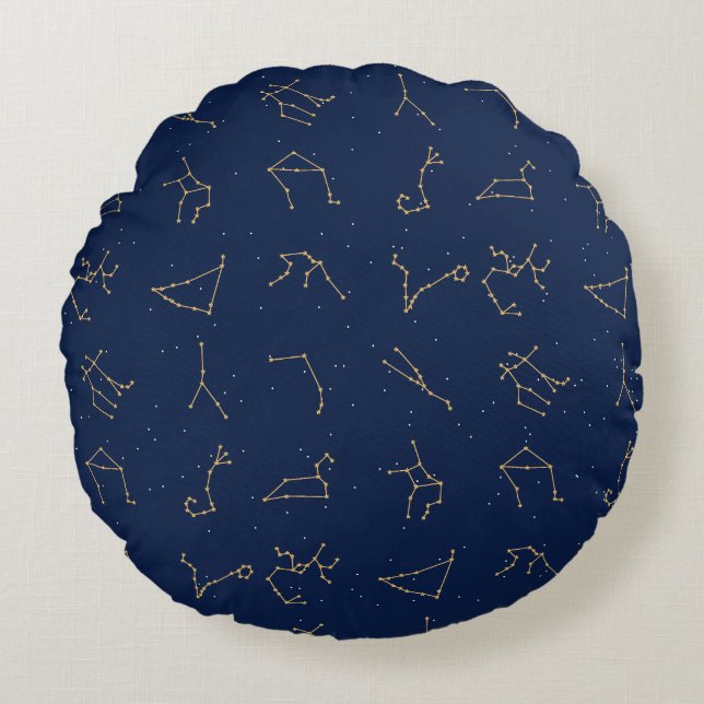 Gold & Navy Blue Zodiac Constellations Pattern Round Cushion (Front)