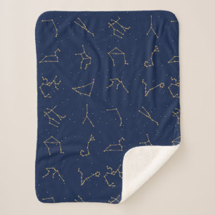 Gold & Navy Blue Zodiac Constellations Pattern Sherpa Blanket
