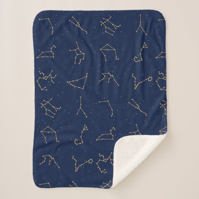 Gold & Navy Blue Zodiac Constellations Pattern Sherpa Blanket (Front)