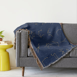 Gold & Navy Blue Zodiac Constellations Pattern Throw Blanket