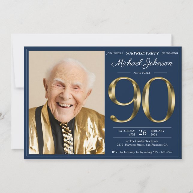 Gold Navy BlueSurprise 90th Birthday  Invitation (Front)
