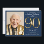 Gold Navy BlueSurprise 90th Birthday  Invitation<br><div class="desc">Gold Navy BlueSurprise 90th Birthday Invitation. Prepare for an exquisite surprise with our Elegant Navy Blue and Gold milestone birthday invitation design. The classic combination of navy blue and gold sets the tone for a celebration dripping in sophistication. The simplicity of the design adds an air of understated elegance, ensuring...</div>