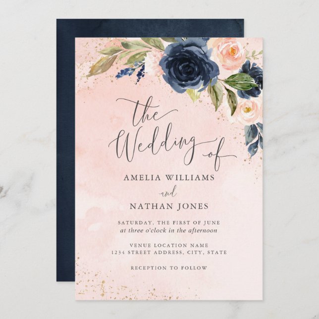 Gold Navy Blush Sparkle Floral Watercolor Wedding Invitation (Front/Back)