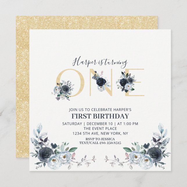 Gold & Navy Boho Floral 1st Birthday Square Invitation (Front/Back)