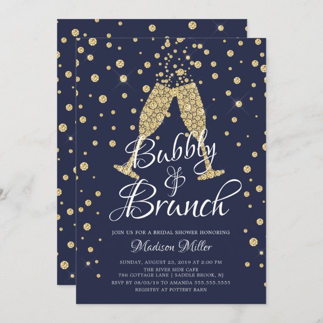 Gold & Navy Bubbly & Brunch Bridal Shower Invitation (Front/Back)