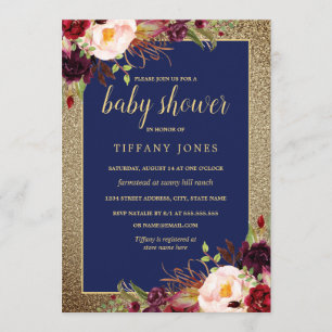 Gold Navy Burgundy Floral Baby Shower Invite