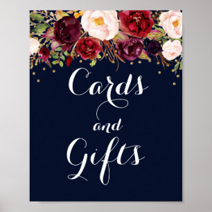 Gold Navy Burgundy Floral Cards And Gifts Wedding Poster