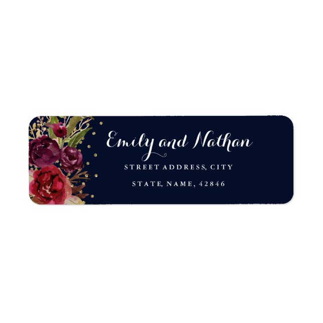 Gold Navy Burgundy Floral Return Address Label (Front)