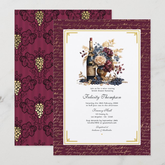 Gold, Navy & Burgundy Wine Tasting Bridal Shower Invitation (Front/Back)