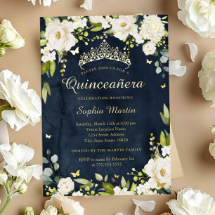 Gold Navy Butterfly Champagne Floral Quinceanera