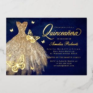 Gold Navy Butterfly Dress Quinceanera Foil Invita
