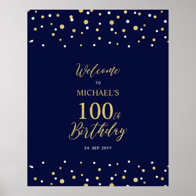 Gold & Navy Confetti 100th Birthday Party Welcome Poster (Front)